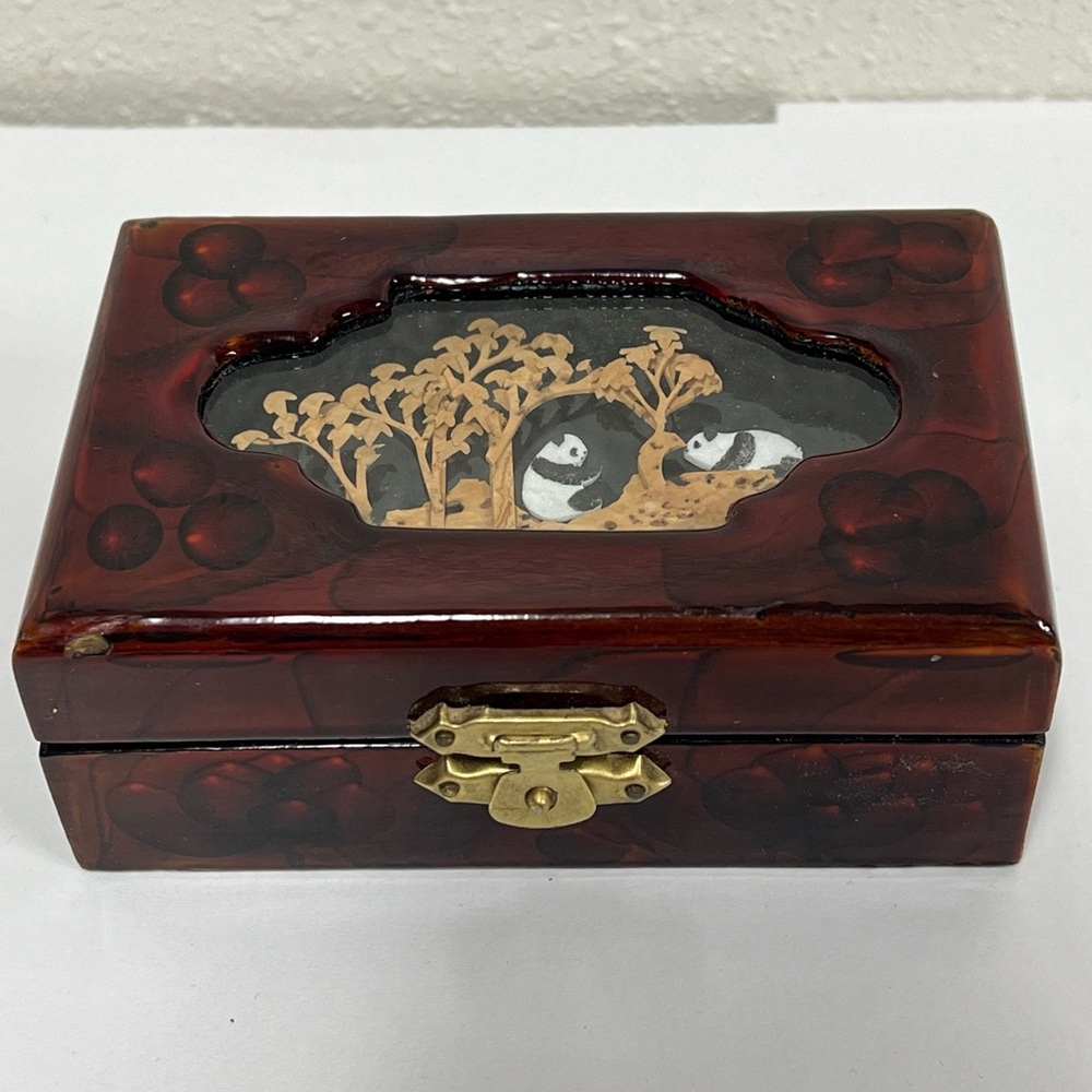 Vintage Chinese Lacquered Carved Cork Fretwork Diorama Art Jewelry Box Pandas